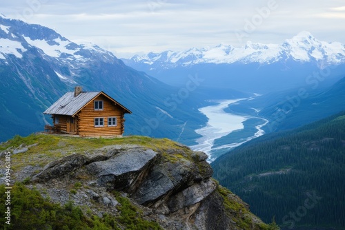 A stunning log cabin perched on a cliff edge overlooks a vast, winding river valley with snow-capped mountains in the distance, exuding peacefulness and escape.