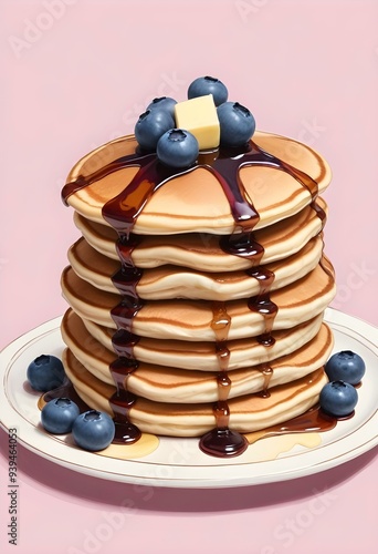 Wallpaper Mural Old commercial style illustration of a  stack of golden pancakes drizzled with honey or maple syrup, topped with fresh berries and whipped cream Torontodigital.ca