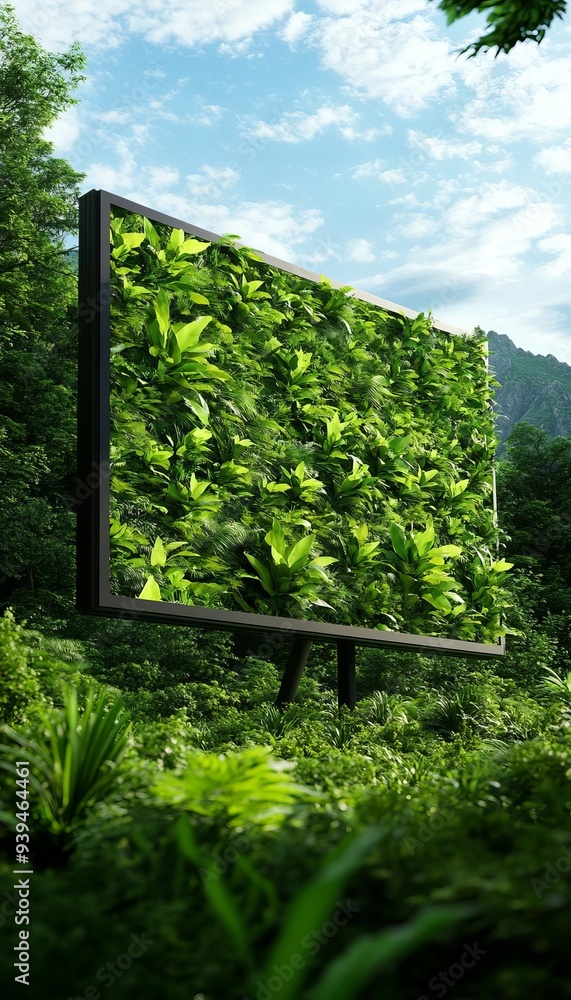 A lush green billboard surrounded by nature, blending technology with environment, showcasing sustainable advertising concepts. A lush green billboard surrounded by nature, blending technology with environment, showcasing sustainable advertising concepts.