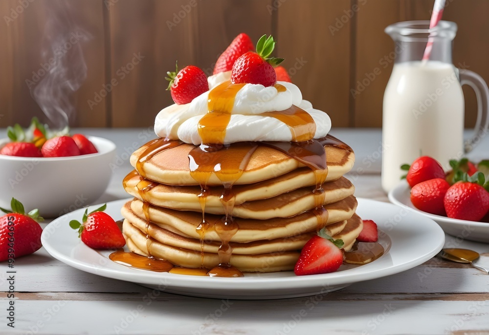 Old commercial style illustration of a stack of golden pancakes drizzled with honey or maple syrup, topped with fresh berries and whipped cream Old commercial style illustration of a stack of golden pancakes drizzled with honey or maple syrup, topped with fresh berries and whipped cream