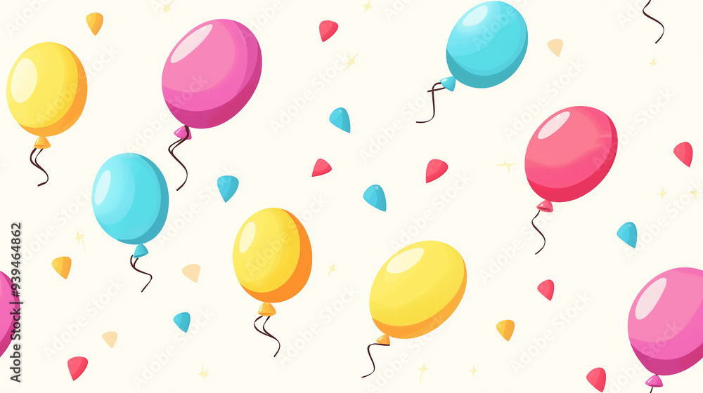 Colorful balloons in pink, yellow, and blue float across a light background. Small confetti pieces add to the festive atmosphere in this seamless pattern. Colorful balloons in pink, yellow, and blue float across a light background. Small confetti pieces add to the festive atmosphere in this seamless pattern.