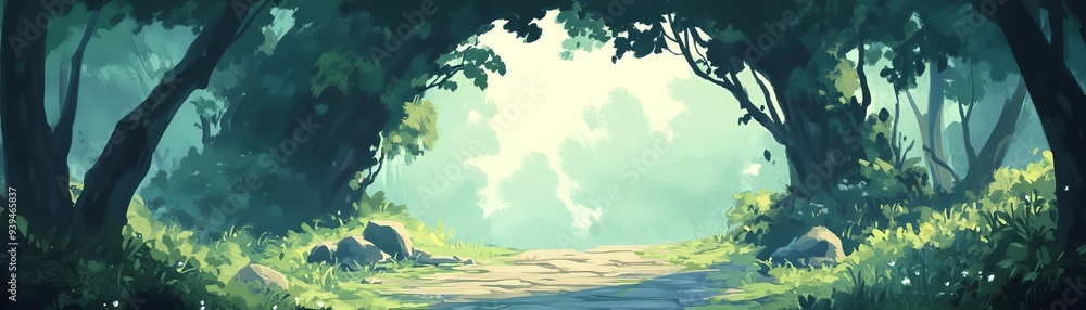 Fototapeta premium A serene forest path illuminated by soft sunlight, creating a magical atmosphere of tranquility and natural beauty.