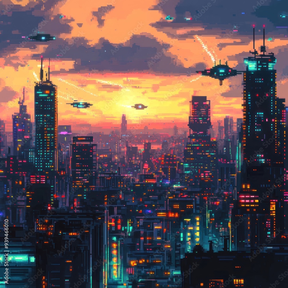 A futuristic pixel art city skyline at sunset By Generated AI A futuristic pixel art city skyline at sunset By Generated AI