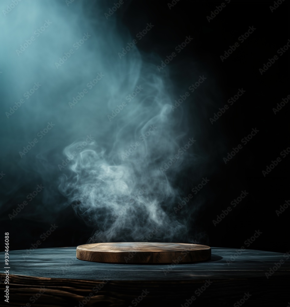 High-resolution image of a wooden table with swirling smoke against a dark background. Ideal for product presentation or food photography. High-resolution image of a wooden table with swirling smoke against a dark background. Ideal for product presentation or food photography.
