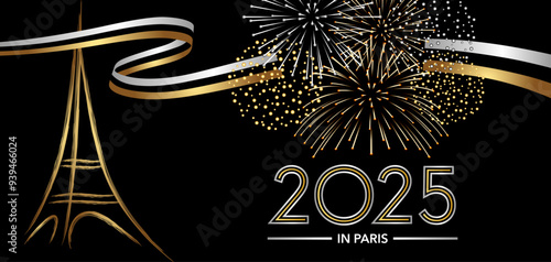 2025 - carte ou bannière pour souhaiter le nouvel an sur le thème des festivité nocturnes à Paris avec des feux d’artifice et la tour Eiffel stylisée, or et argent sur fond noir.
