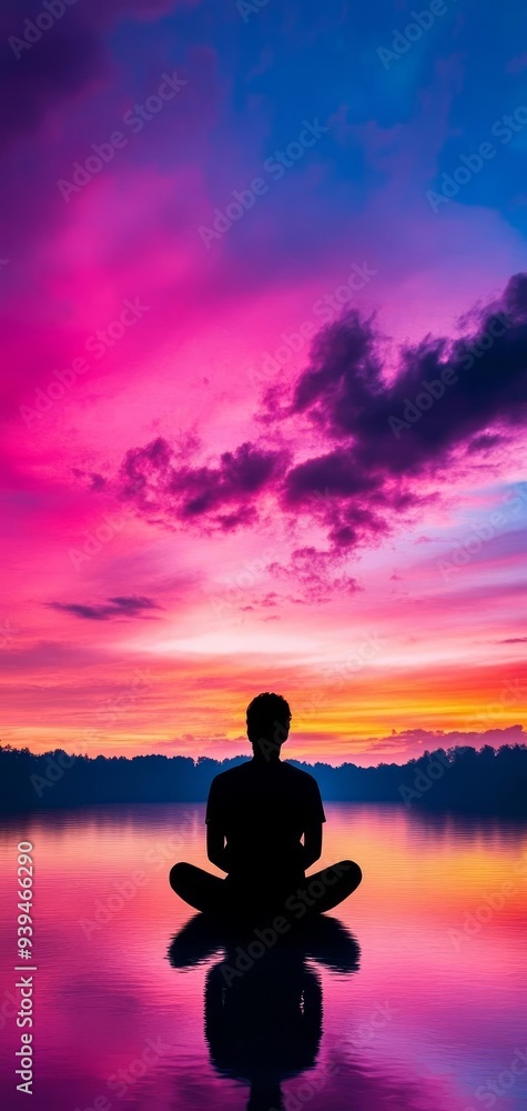 A serene silhouette of a person meditating by a tranquil lake at sunset, surrounded by vibrant hues of pink and purple in the sky.