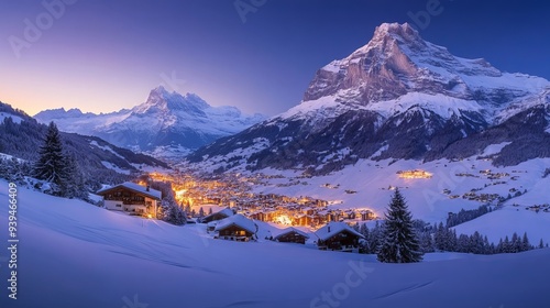 Panorama of Grindelwald at twilight in winter, Switzerland