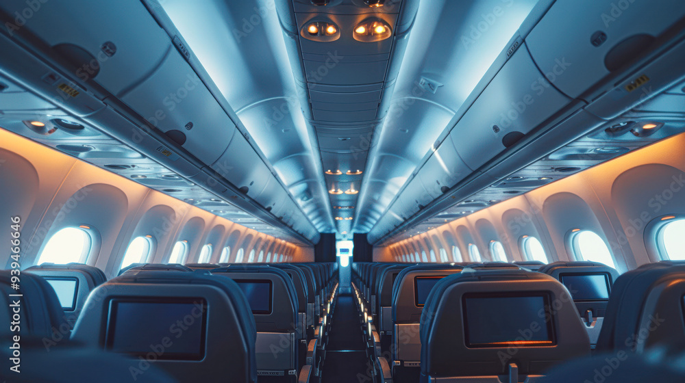 The inside of an airplane with a blue and white color scheme The inside of an airplane with a blue and white color scheme
