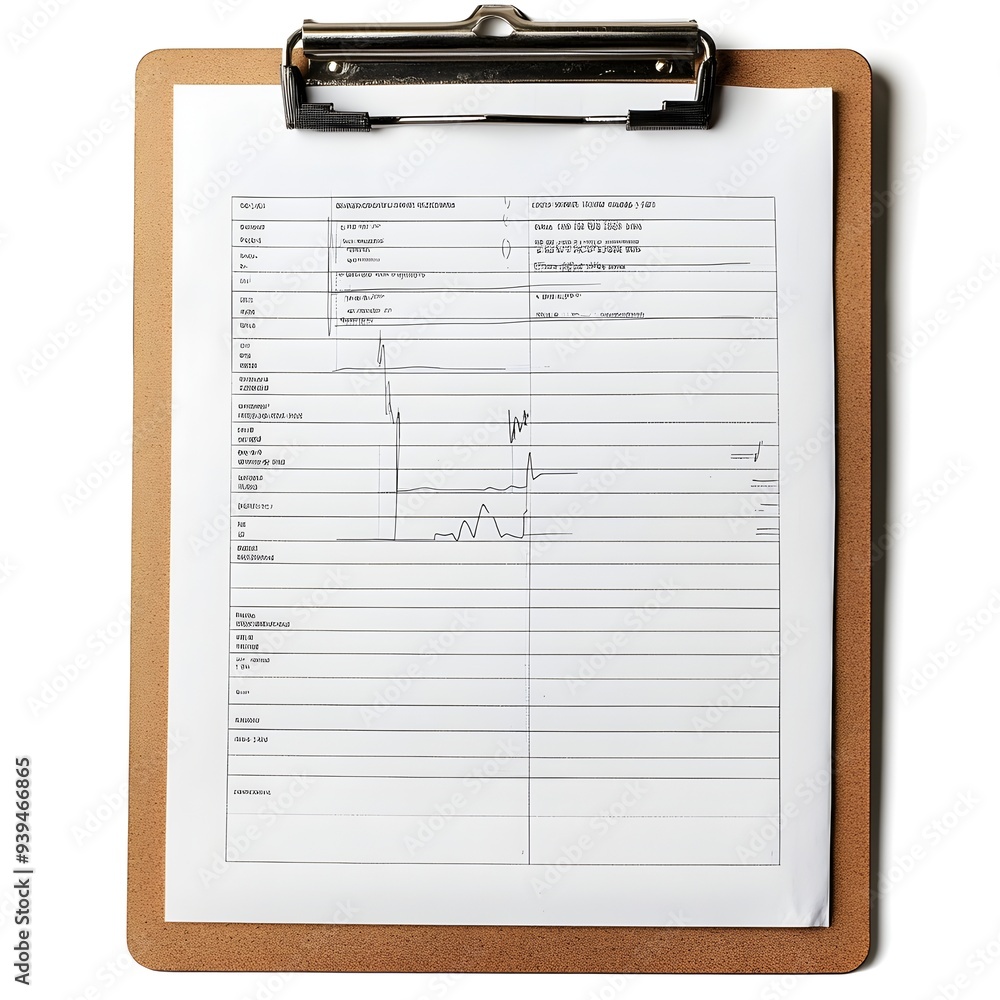 Closeup of a medical clipboard with a patient chart or medical record document placed at the center isolated on a clean white background in a studio setup Closeup of a medical clipboard with a patient chart or medical record document placed at the center isolated on a clean white background in a studio setup