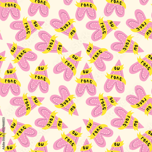 Valentines day pattern with hearts in modern doodle style vector illustration