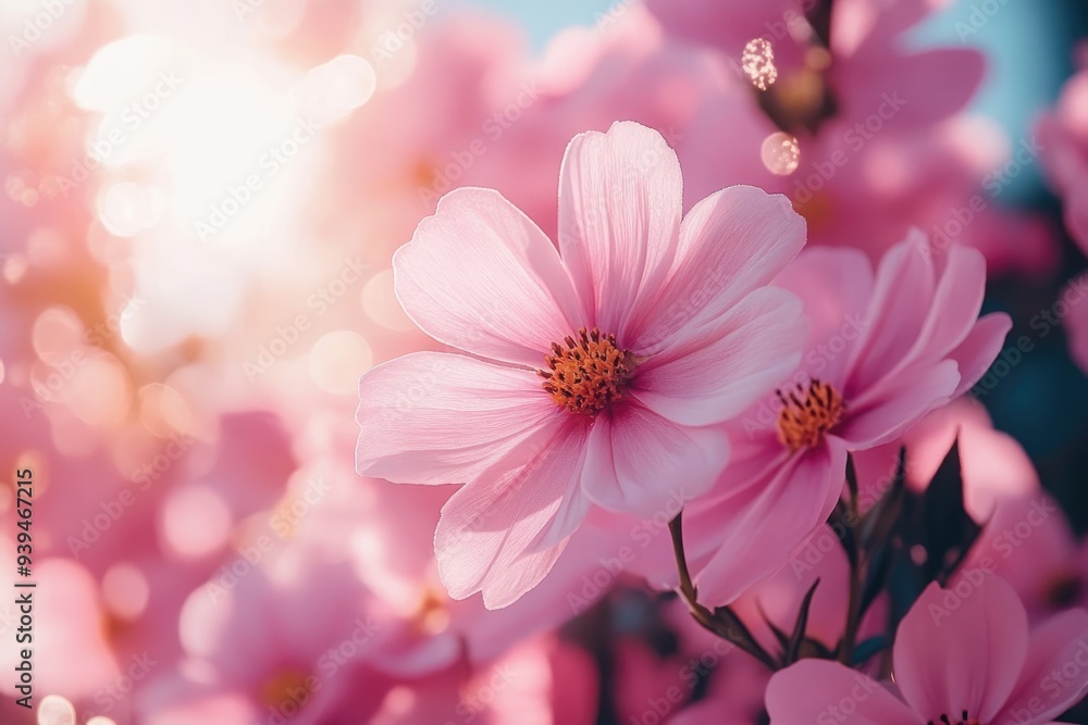 Close-up of a Single Delicate Pink Flower in a Field of Blooms Close-up of a Single Delicate Pink Flower in a Field of Blooms