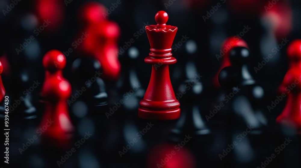 A striking close-up of a red chess queen surrounded by black pawns, symbolizing strategy and leadership in the game of chess. A striking close-up of a red chess queen surrounded by black pawns, symbolizing strategy and leadership in the game of chess.