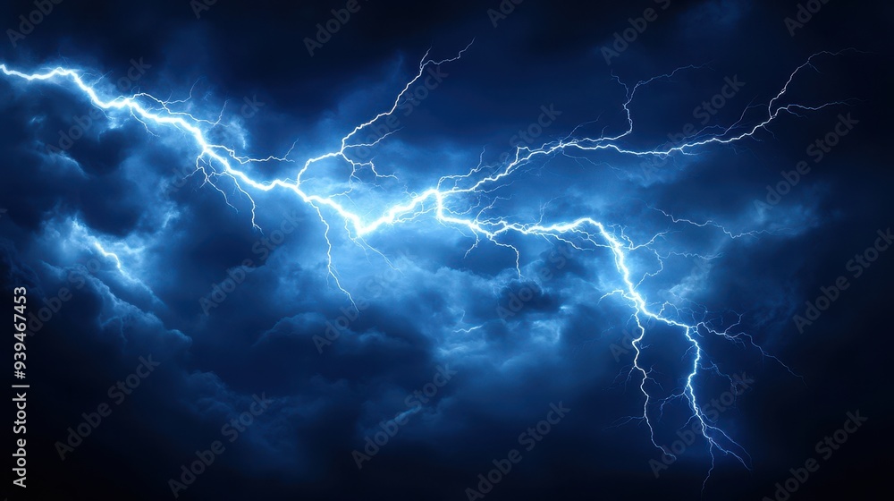 A dramatic lightning strike illuminates a dark, stormy sky filled with clouds. A dramatic lightning strike illuminates a dark, stormy sky filled with clouds.