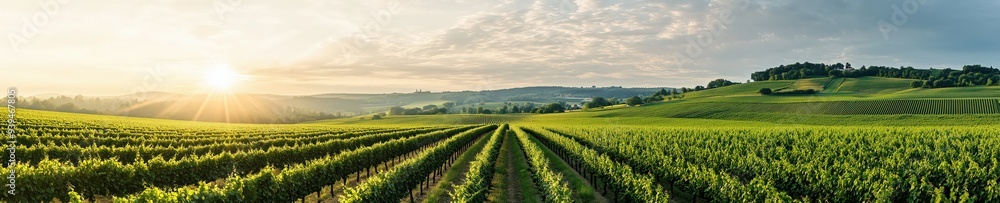 Panoramic view of vineyards at sunset, showcasing vibrant green vines and warm orange hues, with sun rays casting a golden glow across the landscape. Panoramic view of vineyards at sunset, showcasing vibrant green vines and warm orange hues, with sun rays casting a golden glow across the landscape.