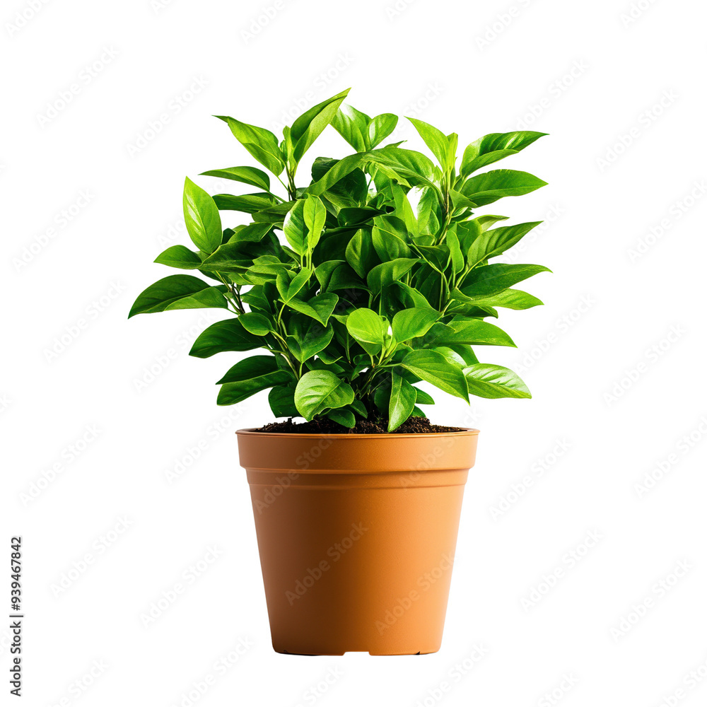 green potted houseplant in an orange pot. green potted houseplant in an orange pot.