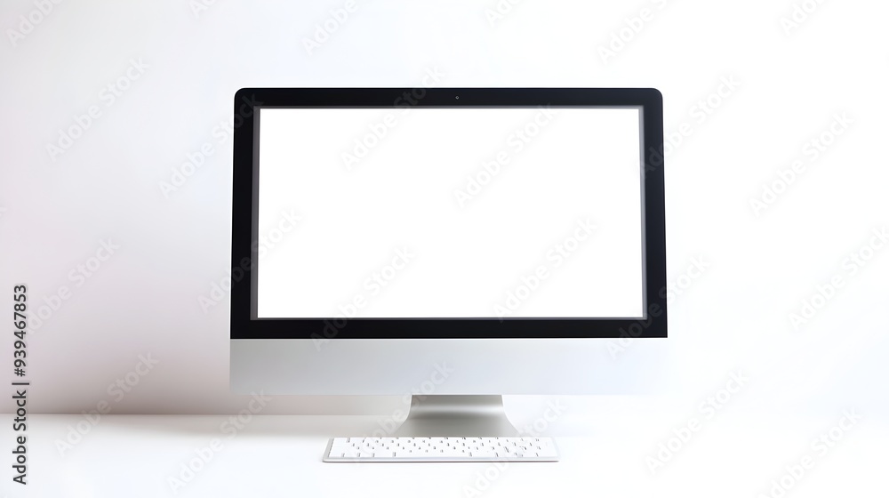 Blank white screen of a modern desktop computer monitor isolated on a clean minimalist white background This image provides a simple versatile template for technology related text graphics Blank white screen of a modern desktop computer monitor isolated on a clean minimalist white background This image provides a simple versatile template for technology related text graphics