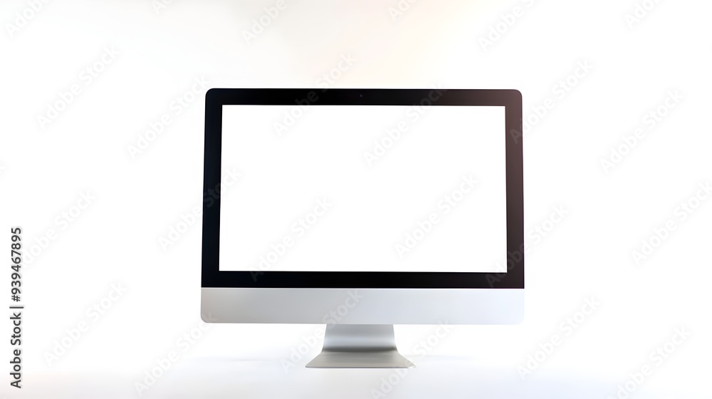 Close up image of a modern minimalist desktop computer monitor with a blank white screen isolated on a plain white background providing ample space to overlay technology related text graphics Close up image of a modern minimalist desktop computer monitor with a blank white screen isolated on a plain white background providing ample space to overlay technology related text graphics