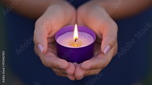 Hands holding a lit purple candle in a solemn vigil for remembrance and hope during International Overdose Awareness Day photo