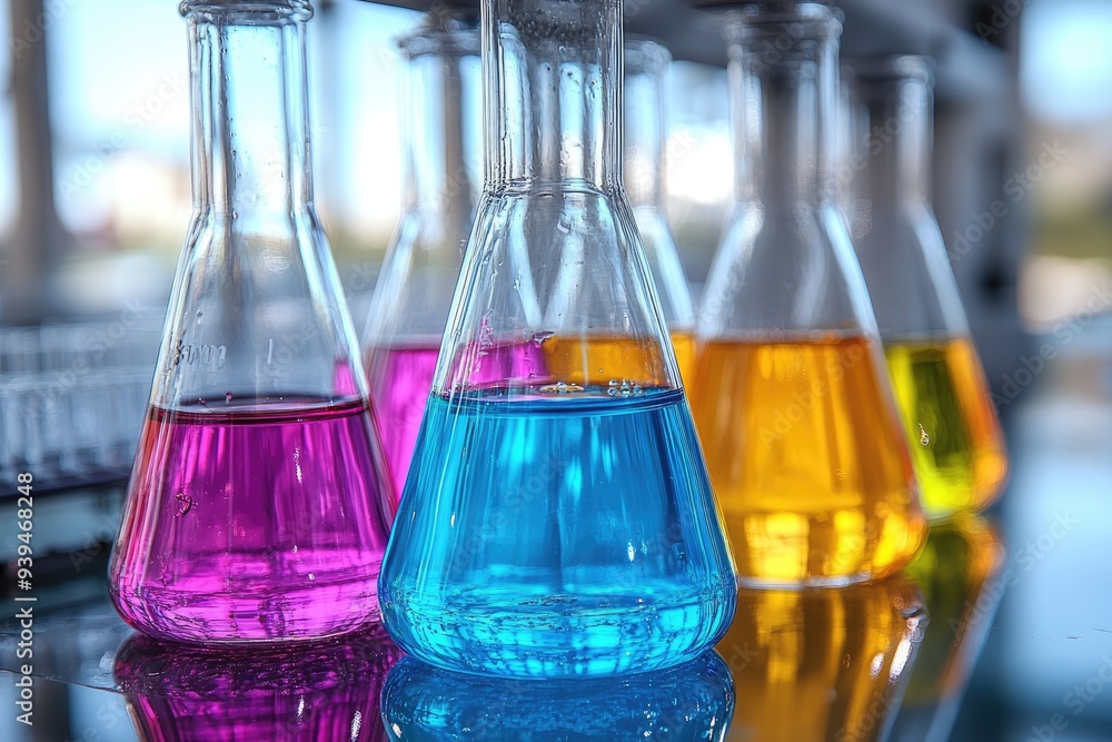 Colorful Liquids in Erlenmeyer Flasks on a Lab Bench Colorful Liquids in Erlenmeyer Flasks on a Lab Bench