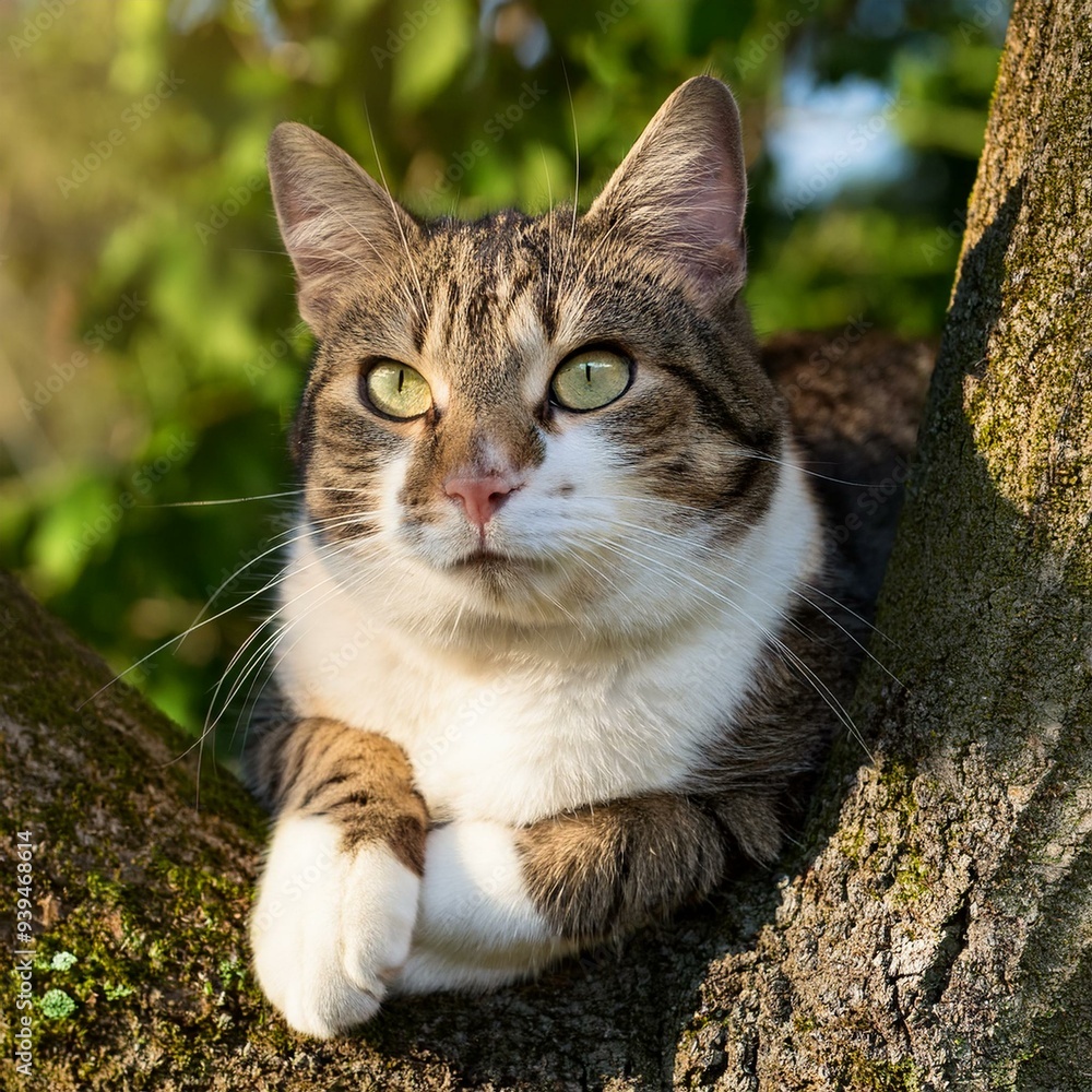 beautiful white and grey tabby cat resting on a tree, AI generat beautiful white and grey tabby cat resting on a tree, AI generat