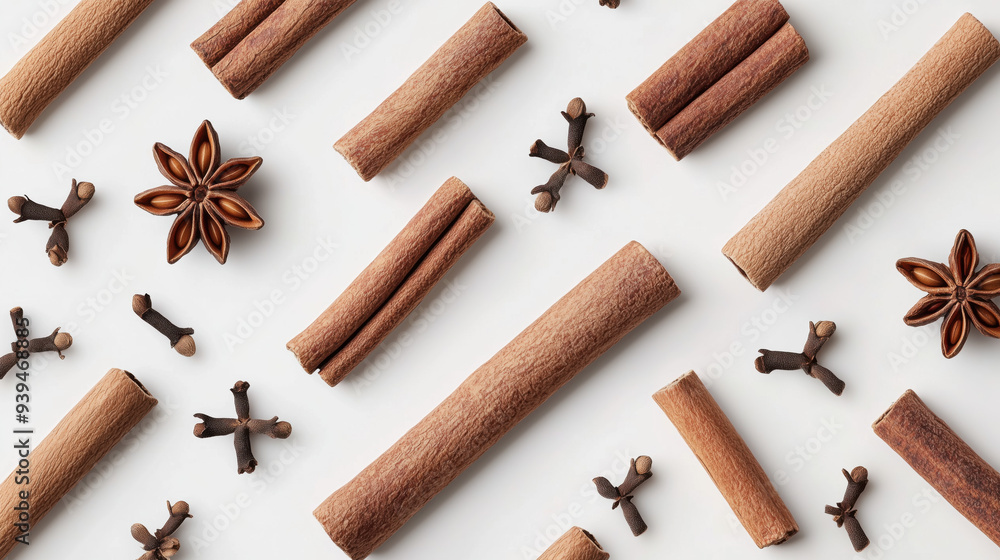 Pattern of cinnamon sticks and seeds on a white background Pattern of cinnamon sticks and seeds on a white background