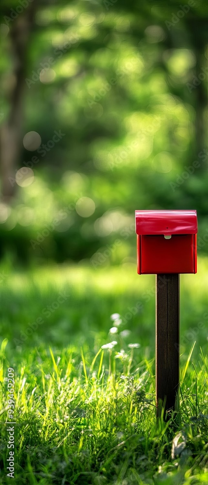 A vibrant red mailbox stands tall amidst lush green grass, symbolizing communication and connection with nature.
