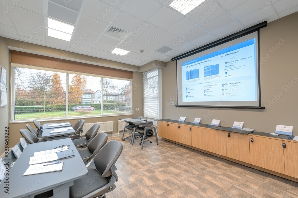 Empty Conference Room with Projection Screen and Windows Empty Conference Room with Projection Screen and Windows