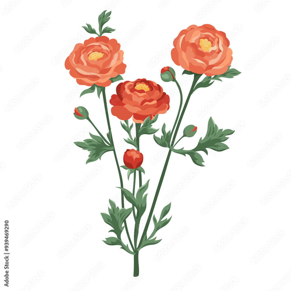 Red ranunculus bunch with buds. Hand drawn composition of flowers. Blooming buttercups Vector flat plants design elements for print, card, flyer, banner isolated white background Red ranunculus bunch with buds. Hand drawn composition of flowers. Blooming buttercups Vector flat plants design elements for print, card, flyer, banner isolated white background
