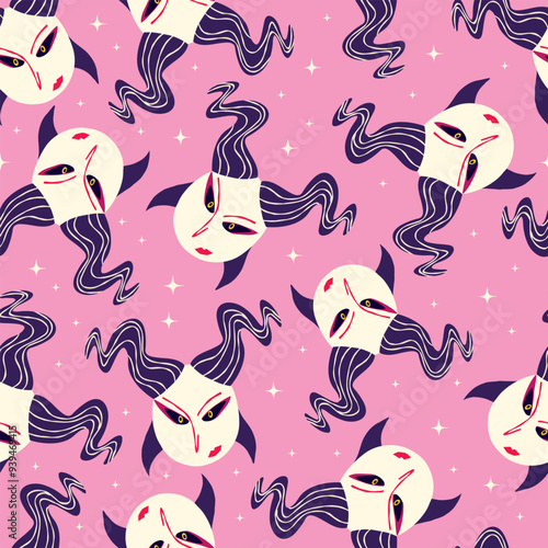 Angry strange demons seamless pattern. Illustration in a modern hand-drawn style