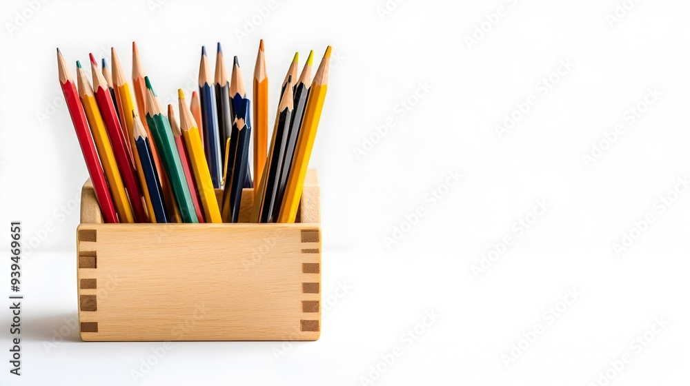 Photograph of a desk organizer filled with various pens and pencils isolated on a clean white background with ample space for text related to office organization productivity and workspace setup Photograph of a desk organizer filled with various pens and pencils isolated on a clean white background with ample space for text related to office organization productivity and workspace setup