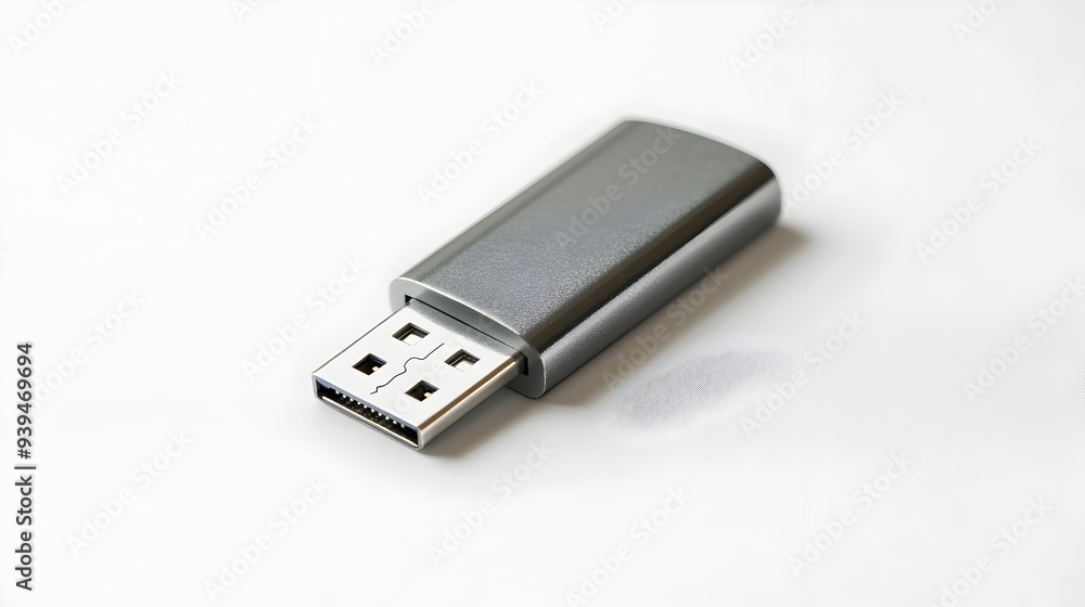Closeup of a modern USB flash drive or thumb drive storage device isolated on a clean white background with ample copy space to add data storage related text or branding Closeup of a modern USB flash drive or thumb drive storage device isolated on a clean white background with ample copy space to add data storage related text or branding