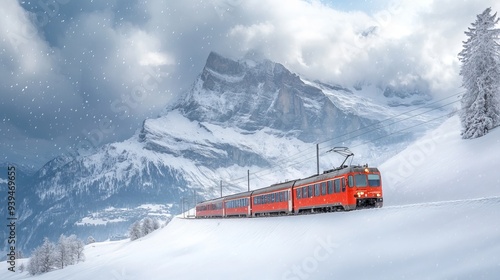Snow falling and Train passing through famous mountain in Filisur, Switzerland. Train express in Swiss Alps snow winter scenery