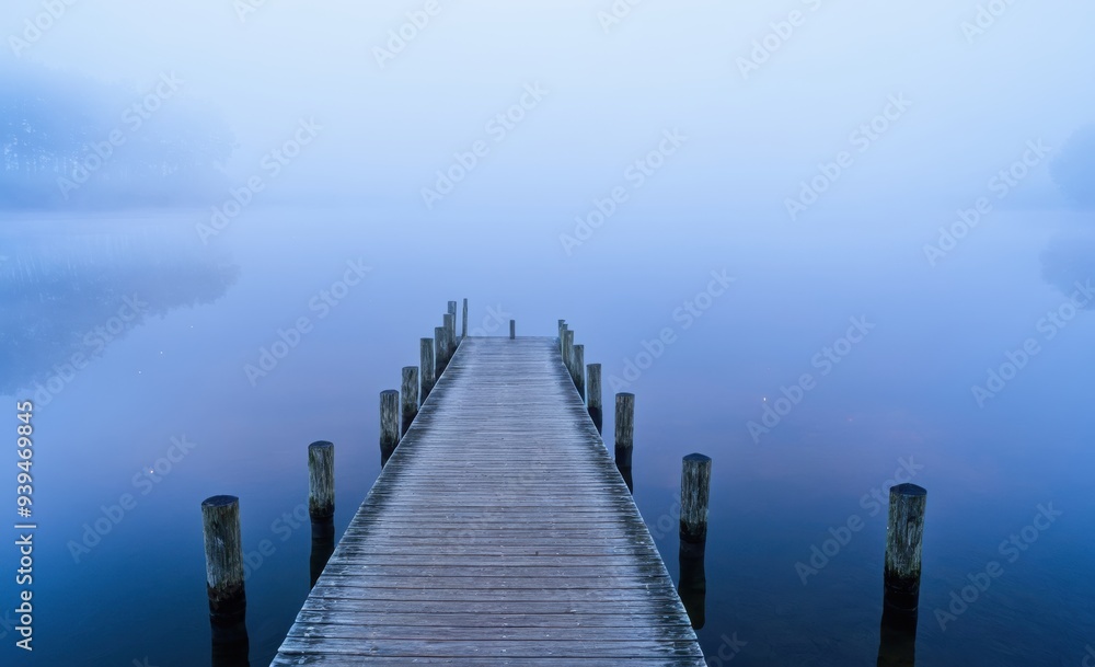 Obraz premium Serene Wooden Pier Extending into a Misty Lake at Sunrise