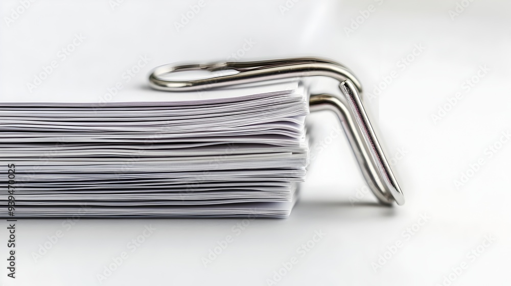 Closeup of a single metal paperclip securely holding together a small stack of documents or papers against a clean bright white background with copy space Closeup of a single metal paperclip securely holding together a small stack of documents or papers against a clean bright white background with copy space