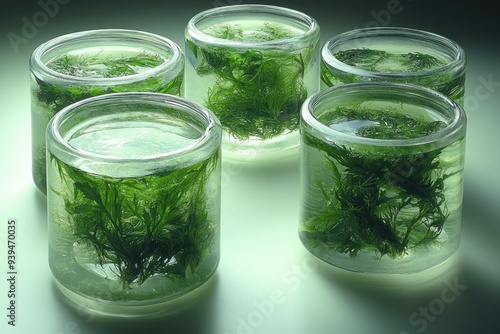 Four Glass Jars Filled with Water and Green Aquatic Plants