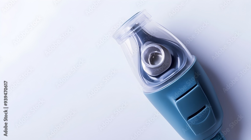 Close up of an isolated asthma inhaler device against a plain white background with copy space for respiratory care medical treatment or pharmaceutical text Close up of an isolated asthma inhaler device against a plain white background with copy space for respiratory care medical treatment or pharmaceutical text