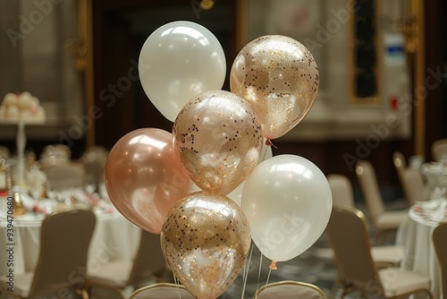 Group of Gold and White Balloons in a Room photo