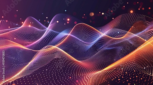 This image features undulating digital waves composed of multicolored particles, offering a vibrant and dynamic visual experience that evokes movement and energy.