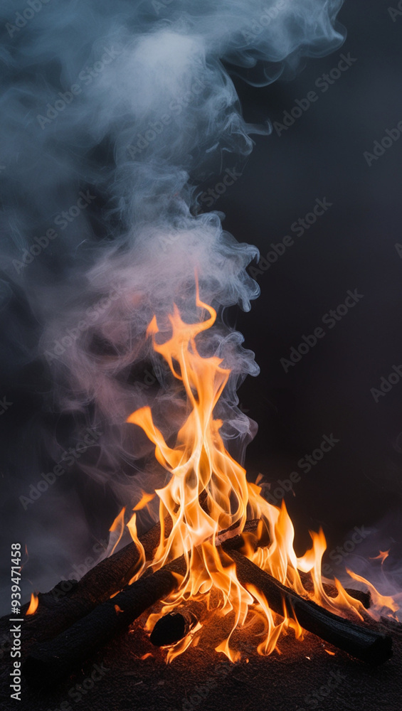 Campfire with Flames and Smoke Rising Against a Dark Background Campfire with Flames and Smoke Rising Against a Dark Background