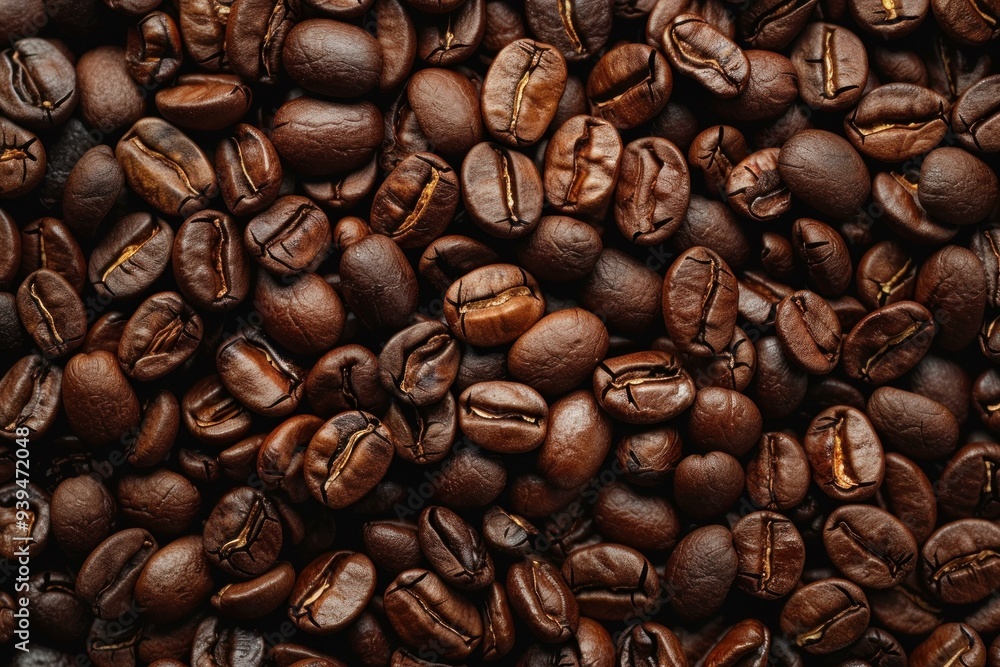 Fototapeta premium Rich brown roasted coffee beans creating a captivating background, ideal for coffee themed designs