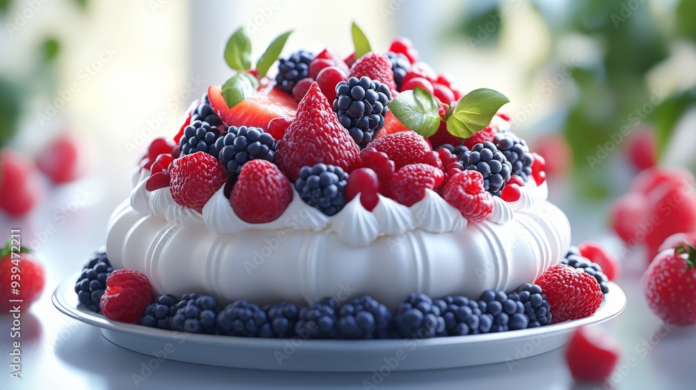 4. Pavlova, meringue dessert with fresh fruit, 3D illustration 4. Pavlova, meringue dessert with fresh fruit, 3D illustration