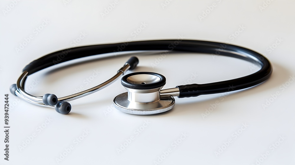 A clean minimal photograph showcasing a stethoscope coiled neatly on a white background providing ample space for medical related text or graphics A clean minimal photograph showcasing a stethoscope coiled neatly on a white background providing ample space for medical related text or graphics