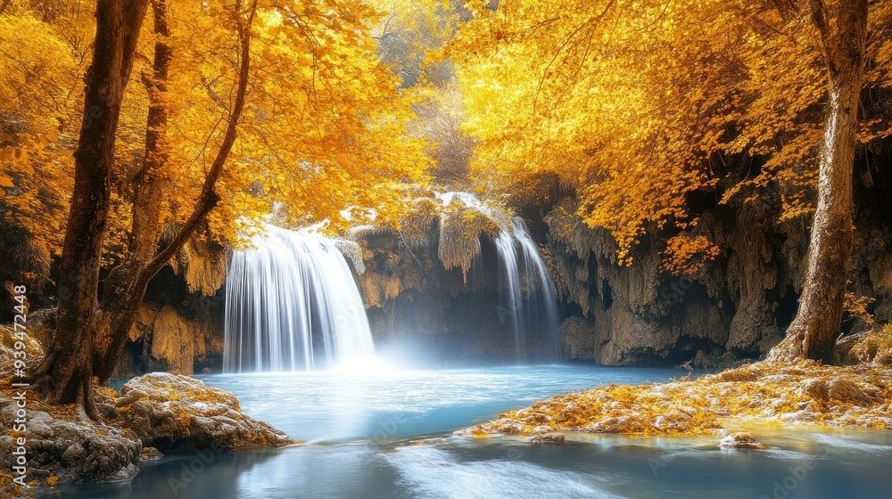 Serene Waterfall in Autumn Forest Serene Waterfall in Autumn Forest
