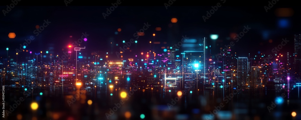 Obraz premium Vibrant city lights at night, showcasing a stunning skyline with colorful illumination and a sense of urban excitement.