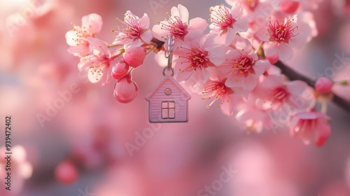 whimsical scene of houseshaped keychain dangling from blooming cherry blossom branch soft focus and pastel hues evoke springtime renewal and new beginnings in real estate photo