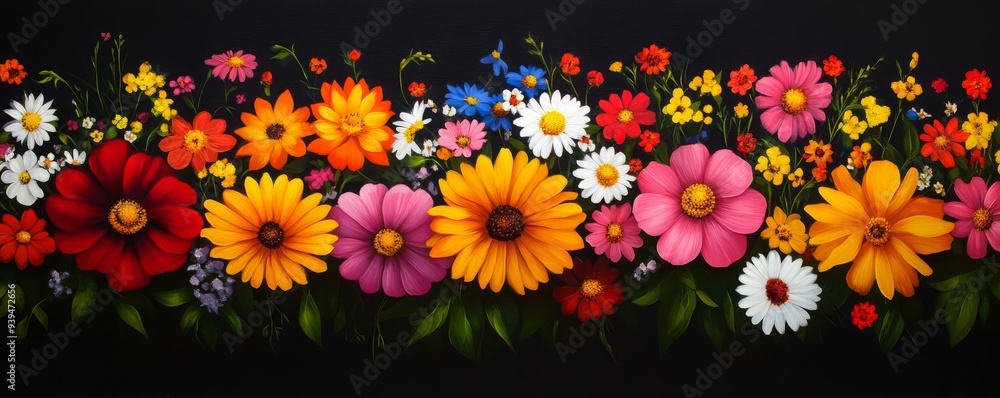 Vibrant floral design featuring assorted flowers in various colors against a dark background, perfect for decoration. Vibrant floral design featuring assorted flowers in various colors against a dark background, perfect for decoration.