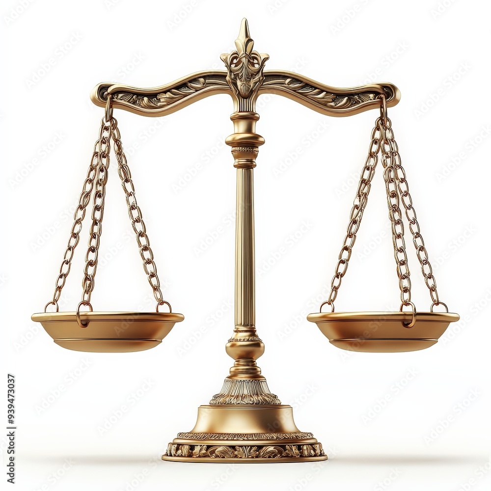 Golden Scales of Justice: A meticulously crafted, ornate scale of justice rendered in gleaming gold on a stark white background, embodying the principles of law, fairness, and balance. Golden Scales of Justice: A meticulously crafted, ornate scale of justice rendered in gleaming gold on a stark white background, embodying the principles of law, fairness, and balance.