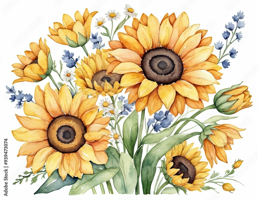 Watercolor illustration of a bouquet of sunflowers with white daisies and blue wildflowers. Watercolor illustration of a bouquet of sunflowers with white daisies and blue wildflowers.