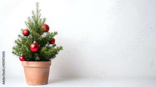 A small Christmas tree in a pot decorated with miniature ornaments isolated on a plain white background providing a clean and festive holiday scene for holiday themed designs and products