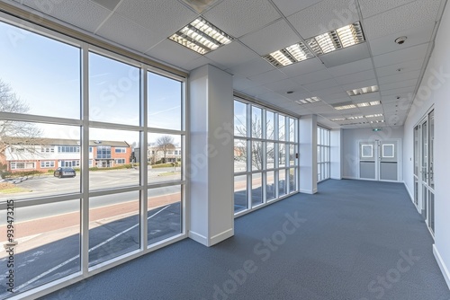 Modern Office Hallway with Large Windows and Grey Carpet photo